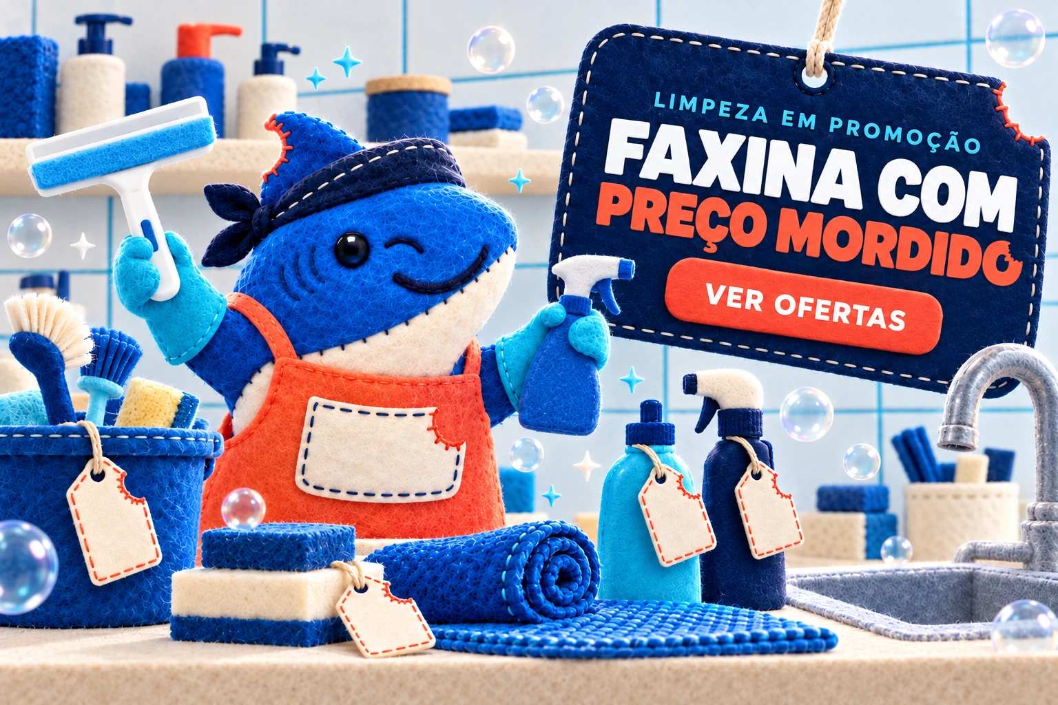 Tubarão de feltro com produtos de limpeza em promoção