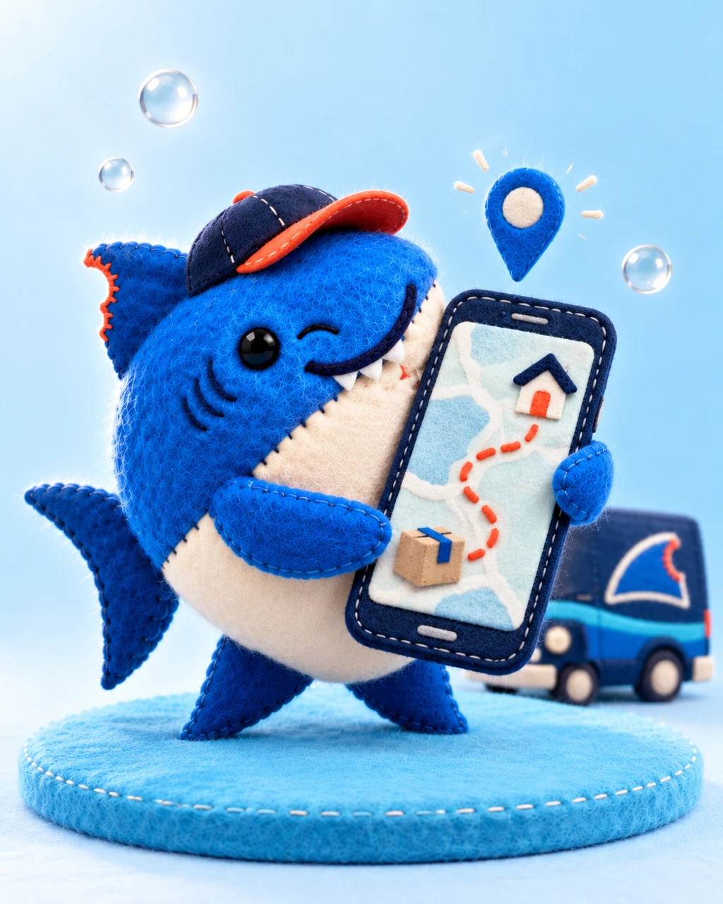 Tubarão de feltro olhando o rastreio do pedido no celular